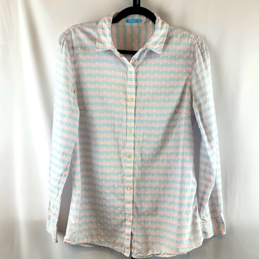 J. McLaughlin Button Down Light Blue & Pink Striped Top w/ Swiss Dots Sz Medium